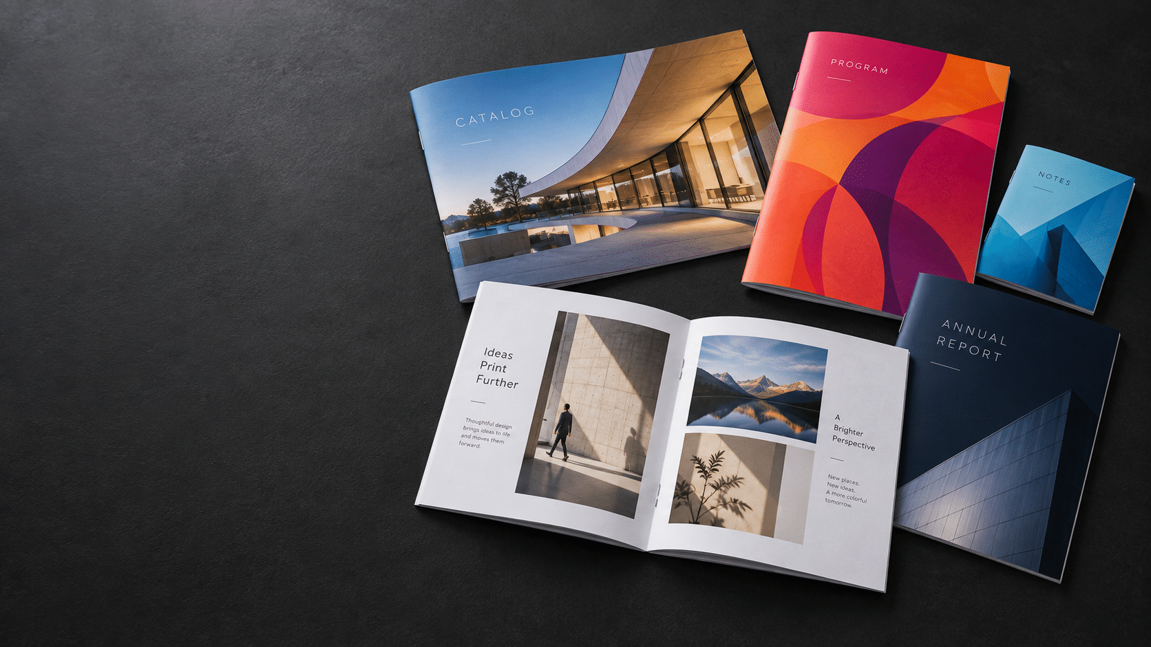 Colorful saddle-stitched booklets, catalogs, programs and an annual report
